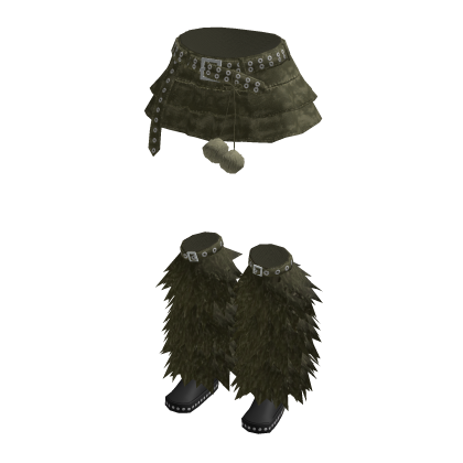 Y2K Belted Mini Skirt w/ Fluffy Boots (Green)