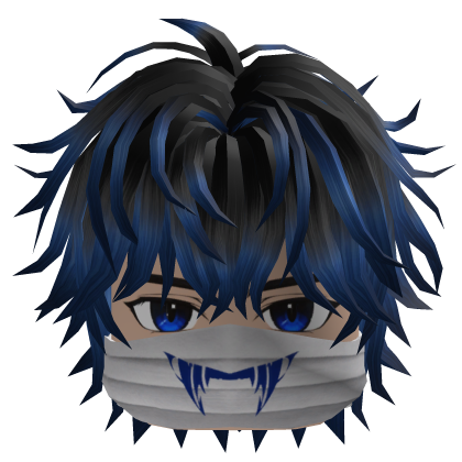 Messy Anime Hair w/ Fang Mask (Black/Blue)