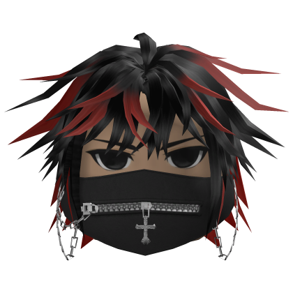Messy Hair w/ Zipper Mask (Black/Crimson)