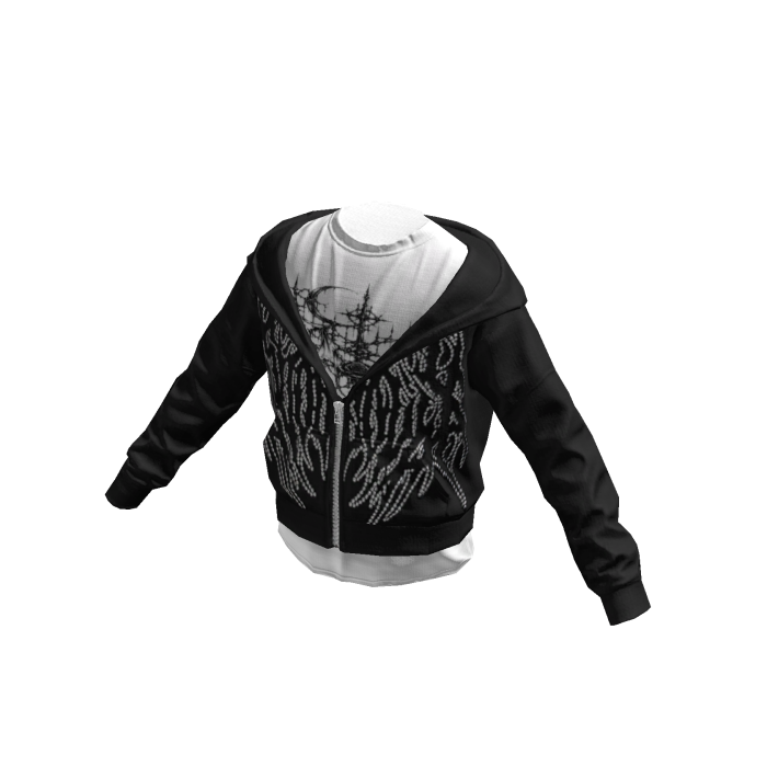 Layered Half Zipped Up Hoodie Black White Print