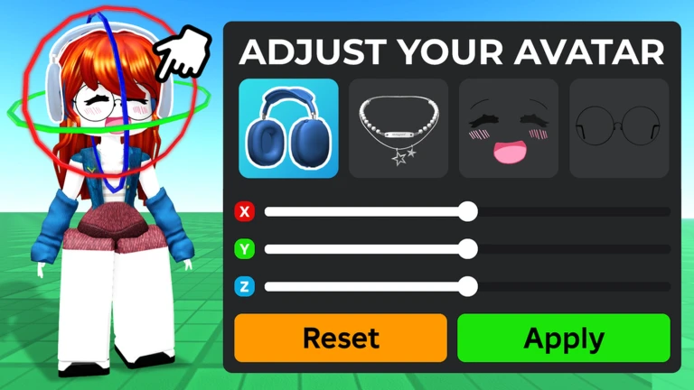 ภาพพรีวิวทางการ My Avatar!: ตัวละครผมสีแดงยืนกลางวงปรับแกนสามสี มีภาพไอเทมและแถบเลื่อนด้านขวา พร้อมปุ่ม Reset และ Apply