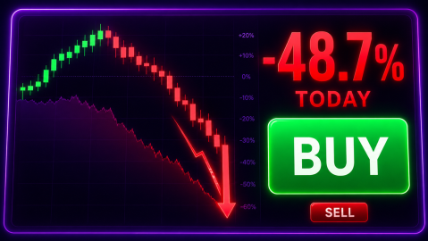 Promotional art: a candlestick chart collapsing toward minus 60 percent beside a large red -48.7% TODAY, with a big green BUY button and a small red SELL button