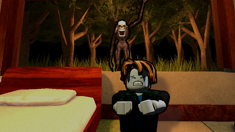 ภาพพรีวิวทางการ Keep the Door Locked: ตัวละคร Roblox ทำหน้ากังวลยืนในห้องข้างเตียงสีแดง ขณะที่เงาดำสูงมีใบหน้าสีขาวยืนอยู่นอกหน้าต่างท่ามกลางต้นไม้ตอนกลางคืน