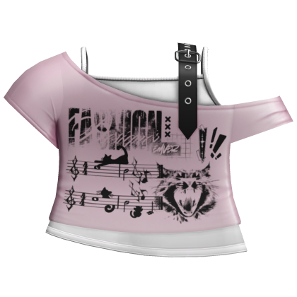 pink & white emo grunge off shoulder cat shirt