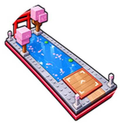Game pass icon: a narrow strip of blue water seen from above, with pink cherry trees and a red gate at the far end and a wooden platform at the near end