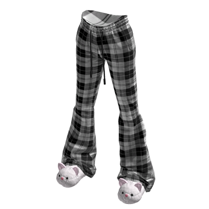 Kawaii Plaid Pajama Pants w/ Cat Slippers