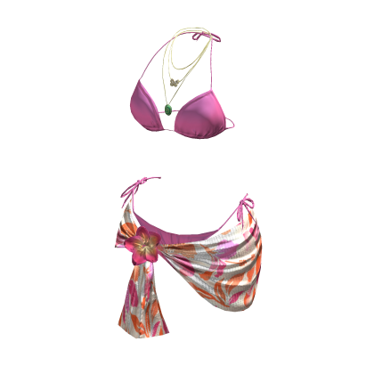 y2k Flower Bikini Wrap w Necklace (Pink Floral) thumbnail