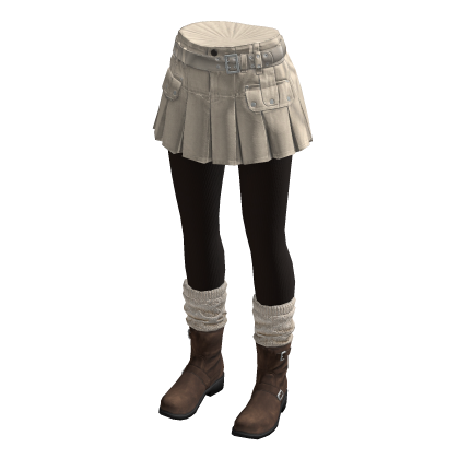 Belted Pleated Skirt with Boots (Cream)