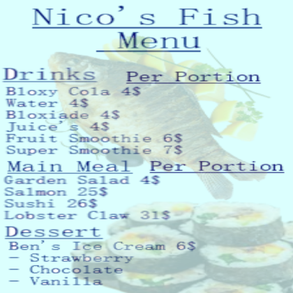 Nico's Fish Menu Bloxburg Roblox decal