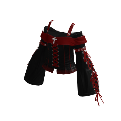 Y2K Goth Lace Up Top w/ Sleeves Black&Red