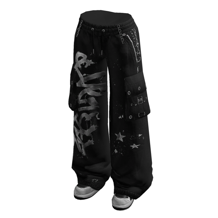 Baggy Pants with Graphic Print (Black)