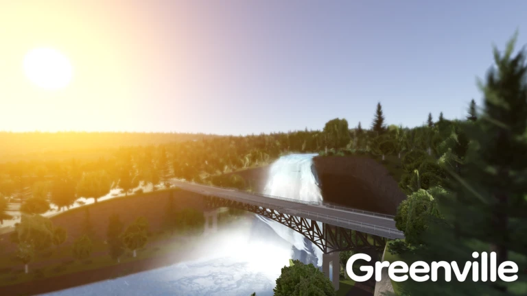 ภาพพรีวิวทางการ Greenville แสดงสะพาน น้ำตก ถนน และภูมิทัศน์ยามพระอาทิตย์ตก