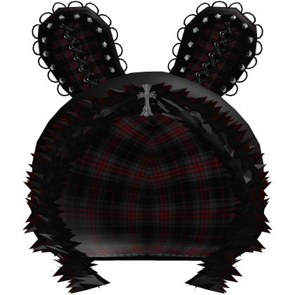 Red Bunny Emo Plaid Fur Studded Hoodie (╥﹏╥) thumbnail