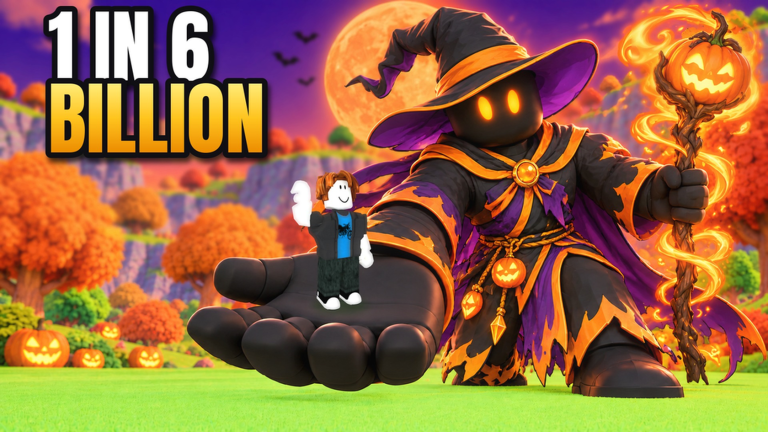Giant costumed figure holding a small Roblox avatar above a pumpkin-lit landscape
