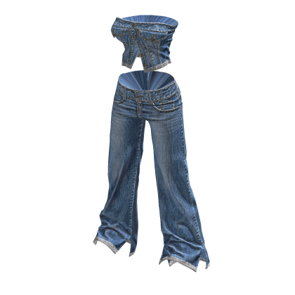 ♥Denim Tubetop straght jeans setup Light blue♥