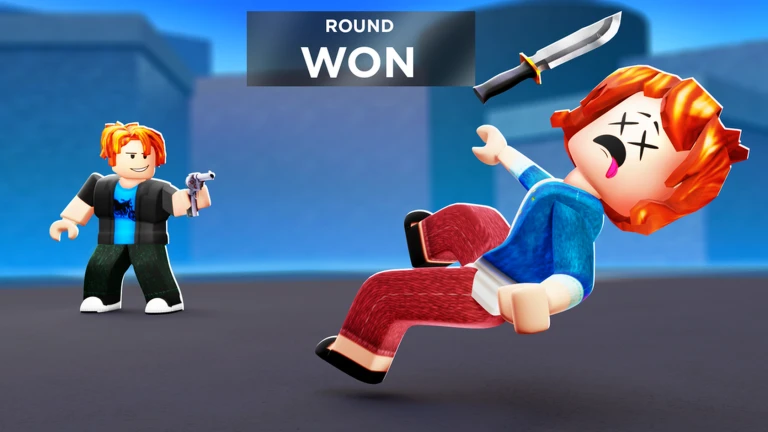 ภาพพรีวิวทางการ Knife VS Gun DUELS: ตัวละครถือปืนอยู่ด้านซ้าย ตัวละครอีกคนล้มอยู่ด้านขวา มีมีดลอยอยู่ด้านบนและข้อความ ROUND WON