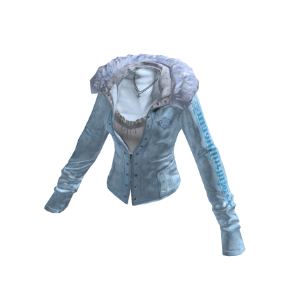 Y2K Fur Trim Jacket w/ Necklace (Blue)