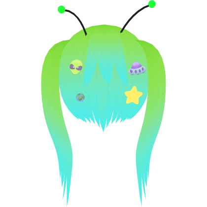 Cute Alien Girl Hair w Stickers - Green Cyan Roblox item