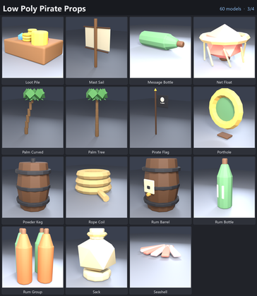 Low Poly Pirate Props Treasure Ship Cannon x60 preview 3