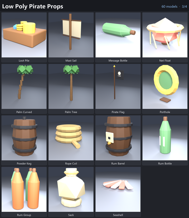 Low Poly Pirate Props Treasure Ship Cannon x60 preview 3