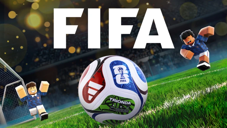 ภาพพรีวิวทางการ FIFA Super Soccer: คำว่า FIFA ขนาดใหญ่อยู่ด้านบน ลูกฟุตบอลอยู่กลางสนาม มีประตูทางซ้ายและตัวละคร Roblox สองคนอยู่ด้านหลัง