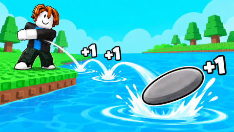 Promotional art: a Roblox character with orange hair throws a flat grey stone from a grassy bank; the stone bounces three times across blue water and each splash shows +1