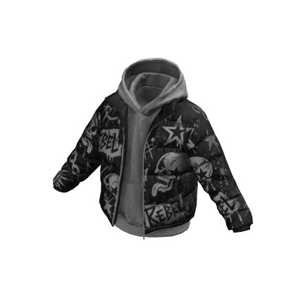 Grey Hoodie w/ REBEL Print Black Puffer Jacket