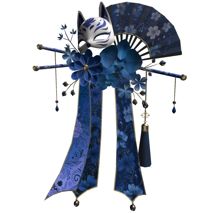 Blue & Gold Floral Kitsune Japanese Kanzashi