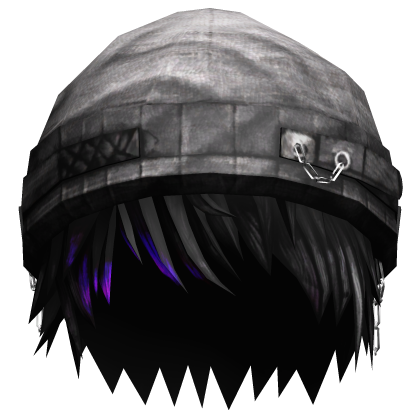 Black Messy Hair w Silver Grey Grunge Robot Beanie
