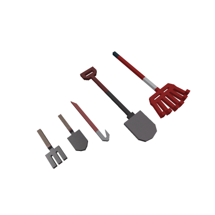 Tools (rake, shovel, crowbar, and small trowels)