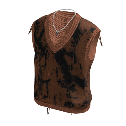 Distressed Knit Vest & Chain Necklace (Brown)