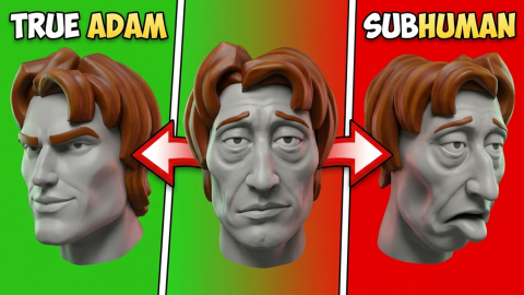Promotional art: a plain sculpted head in the middle, with arrows pointing left to a handsome face labelled TRUE ADAM on green and right to a droopy face labelled SUBHUMAN on red