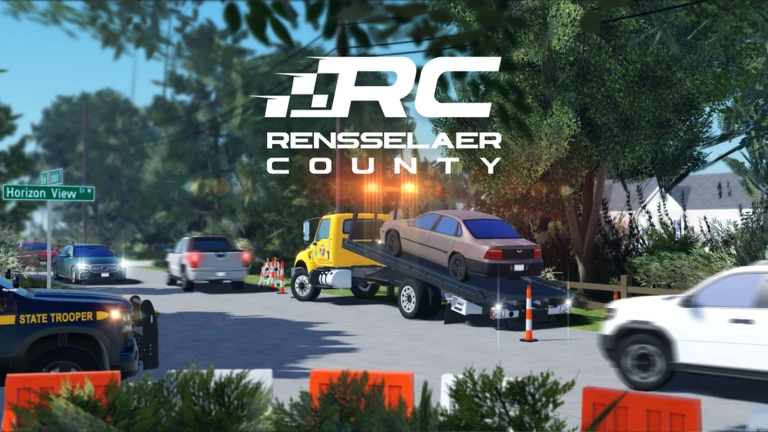 ฉากจราจรกับรถลาก รถตำรวจ และรถหลายคันใน Rensselaer County