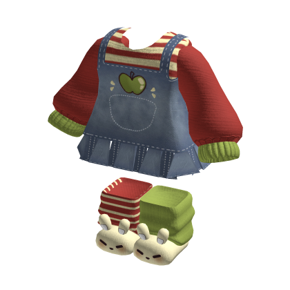 Cute Denim Red & Green Apple Igari Bunny Outfit