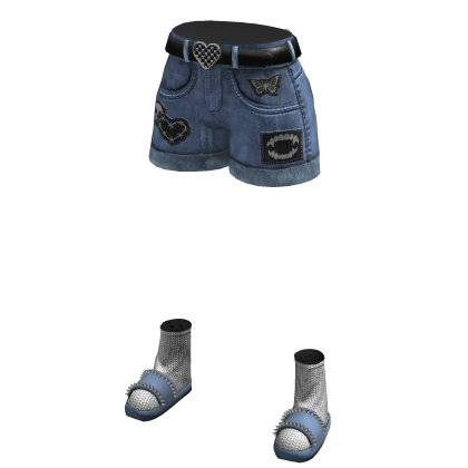 Blue Cute Girl Y2K Belted Patch Denim Jorts Emo