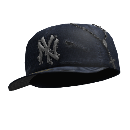 ✤ Blue Distressed Fitted Cap with Rosary - Forward