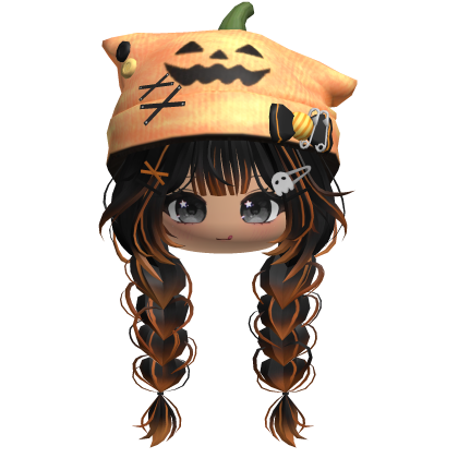 🍀Cute Girl Braided w Pumpkin Beanie(Black) Roblox item