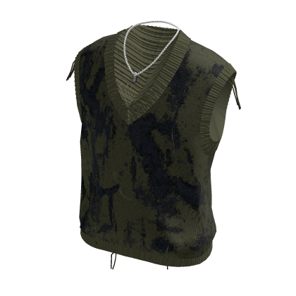 Distressed Knit Vest & Chain Necklace (Green)