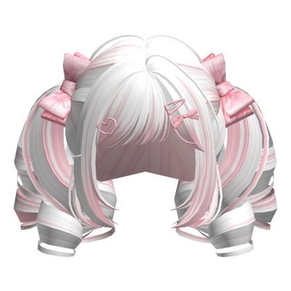 White & Pink Cutesy Curly Pigtails w/ Ribbon Clips