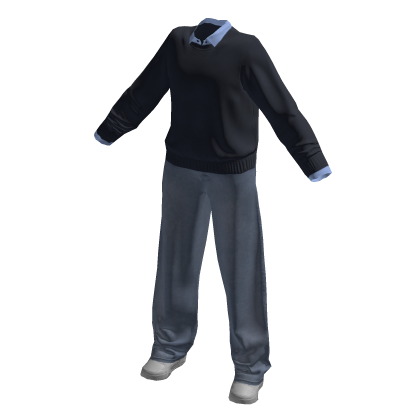 Black Sweater w/ Blue Baggy Jeans Casual Boy thumbnail