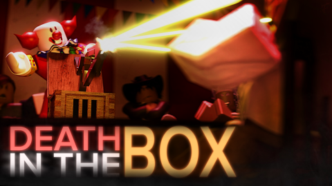 Official promotional art: a clown behind a box points a bright yellow beam toward another Roblox character.