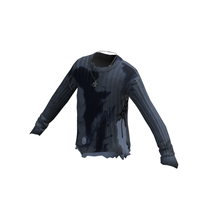 Distressed Knit Sweater w/ Necklace (Blue)