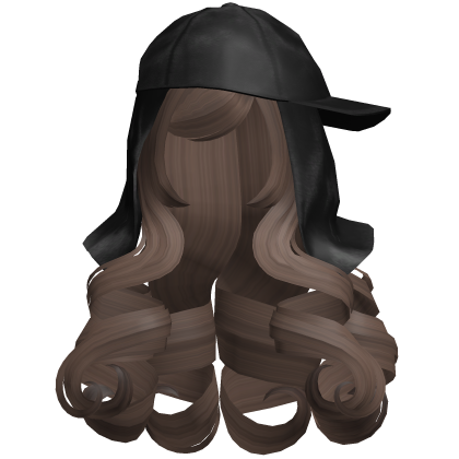 ☆ Long Curly Dark Brown Hair w Bangs and Black Cap Roblox item