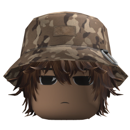 Messy Anime Hair w/ Camo Bucket Hat (Brown)