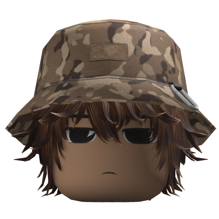 Messy Anime Hair w/ Camo Bucket Hat (Brown)