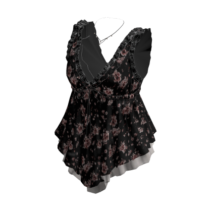 Coquette Floral Babydoll Top w/ Necklace (Black)