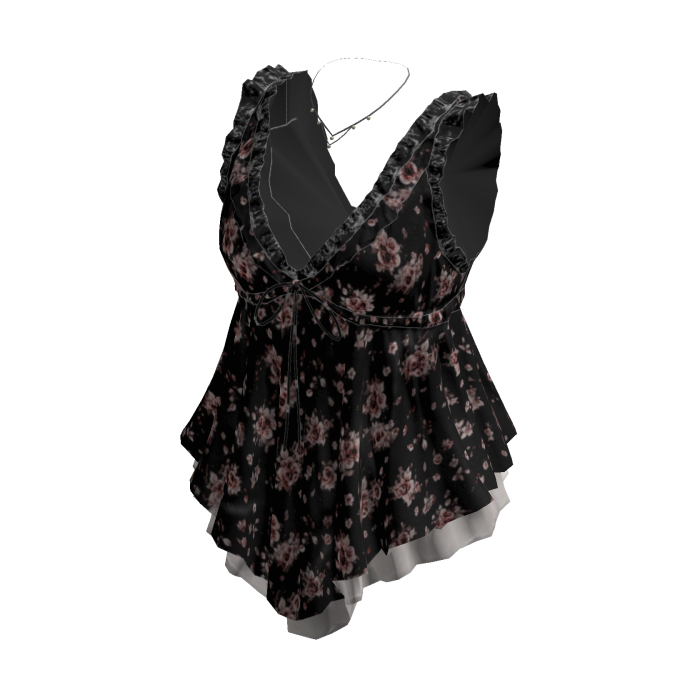 Coquette Floral Babydoll Top w/ Necklace (Black)
