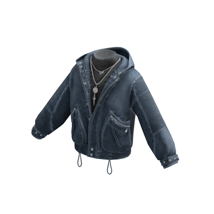 Y2K Grunge Bomber Jacket w/ Hood & Chain (Blue)