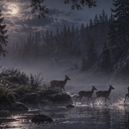 Dark Deer Moon Lake Forest Night Cute Background