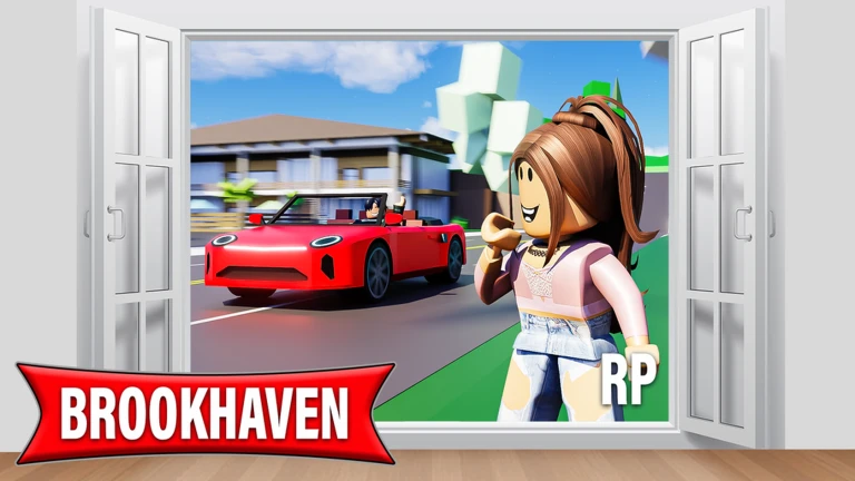 ภาพโปรโมตทางการ Brookhaven RP แสดงตัวละครยืนริมถนน ขณะรถเปิดประทุนสีแดงแล่นผ่านบ้าน